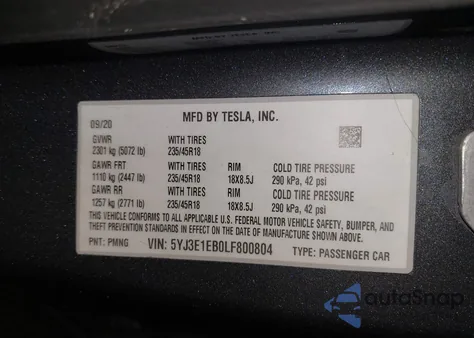 2020 Tesla Model 3 Long Range Dual Motor All-Wheel Drive из США, поврежденный, VIN 5YJ3E1EB0LF800804